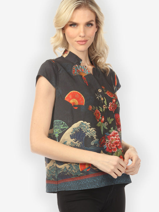 Waves Fans Flowers in Black Cap Sleeve Blouse