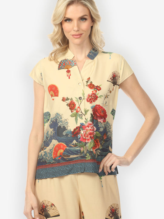 Waves Fans Flowers in Cream Cap Sleeve Blouse