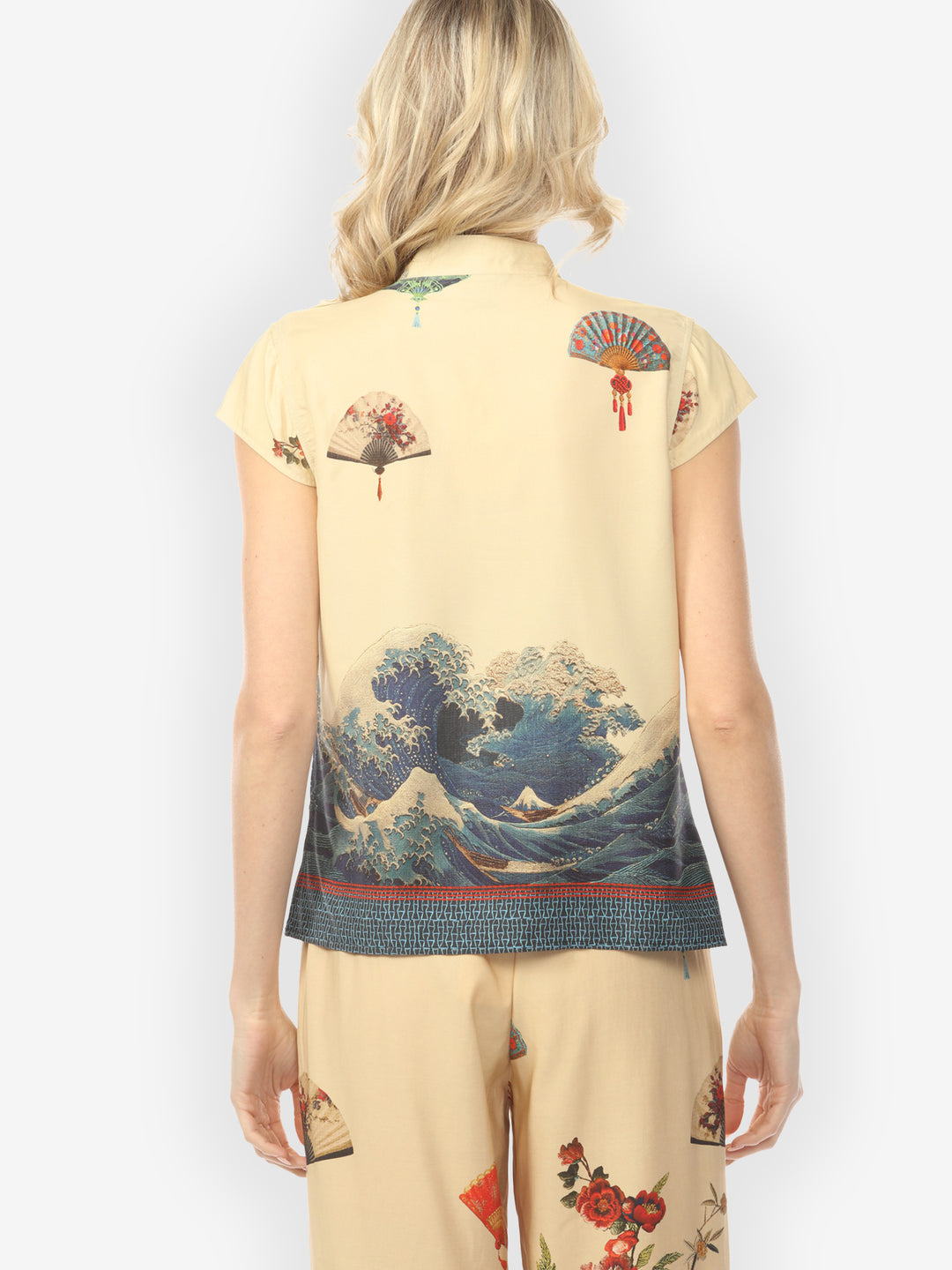 Waves Fans Flowers in Cream Cap Sleeve Blouse