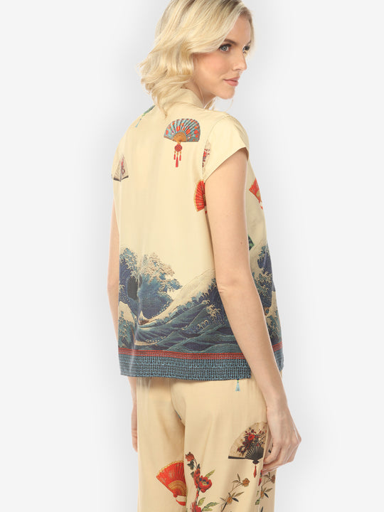 Waves Fans Flowers in Cream Cap Sleeve Blouse