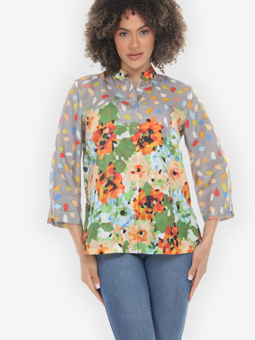 Abstract Floral Print Orange Green Silk Blouse