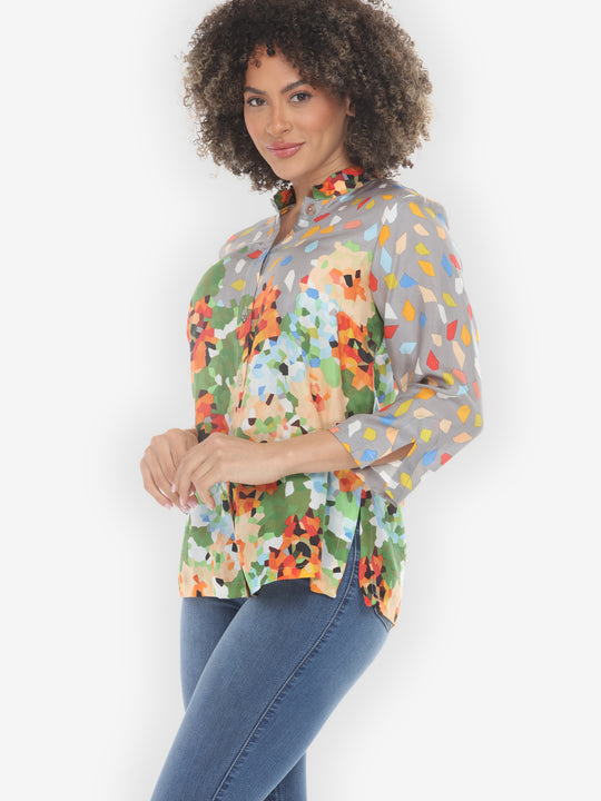 Abstract Floral Print Orange Green Silk Blouse