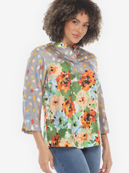 Abstract Floral Print Orange Green Silk Blouse