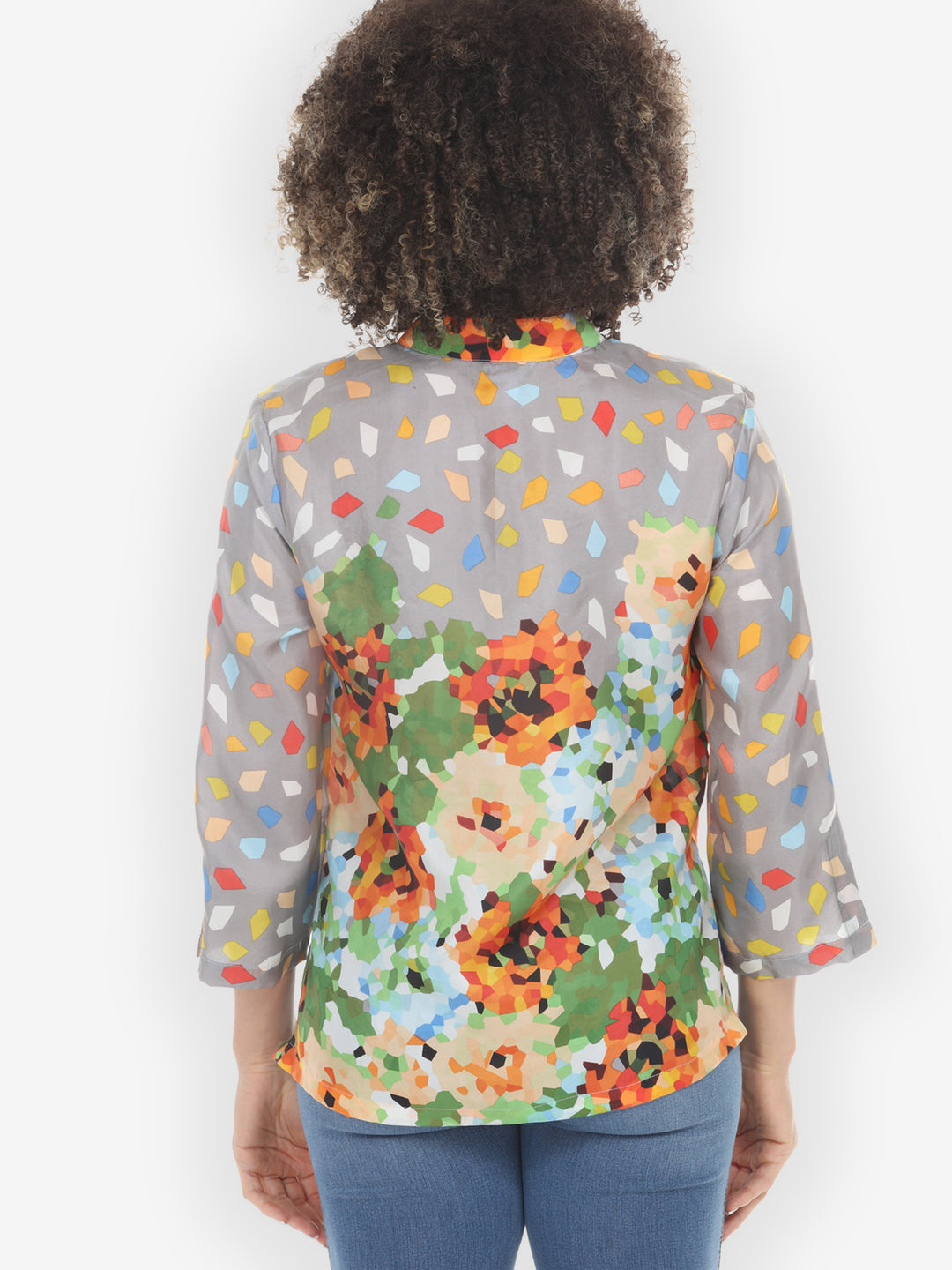Abstract Floral Print Orange Green Silk Blouse