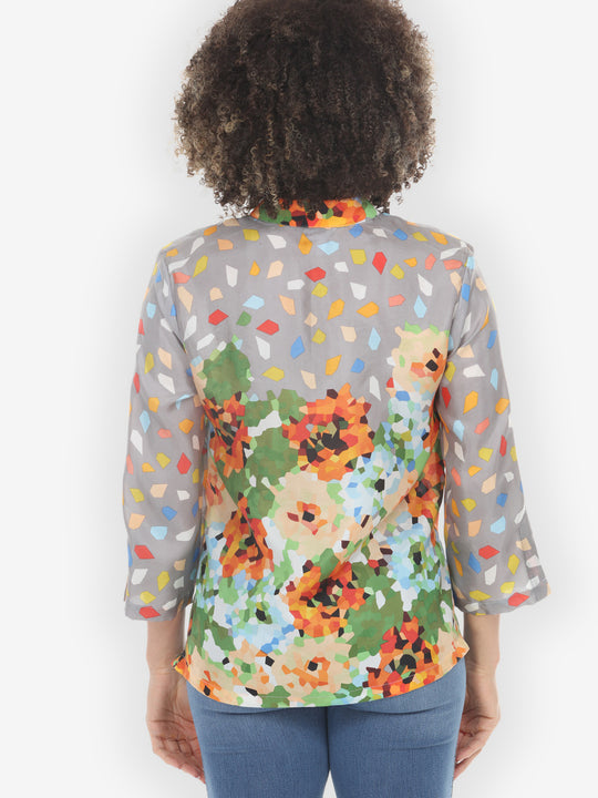 Abstract Floral Print Orange Green Silk Blouse