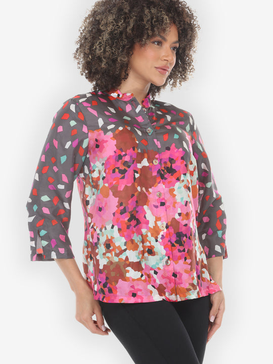 Abstract Floral Print Pink Silk Blouse