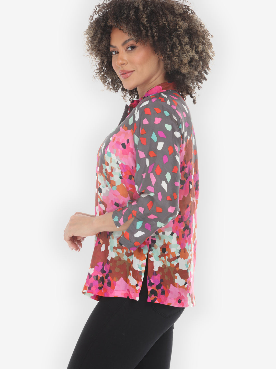 Abstract Floral Print Pink Silk Blouse