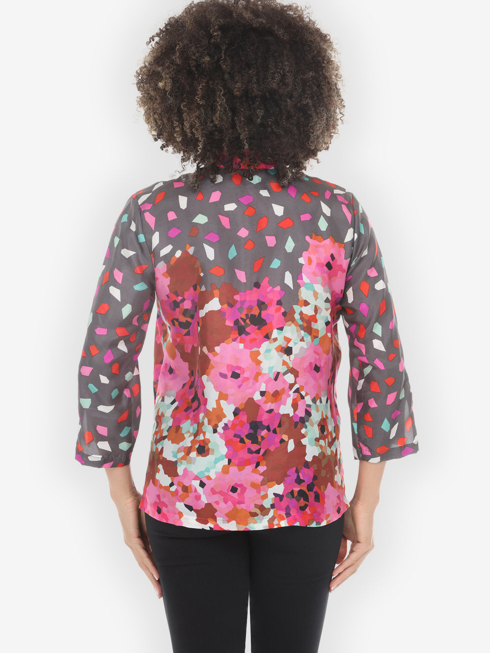 Abstract Floral Print Pink Silk Blouse