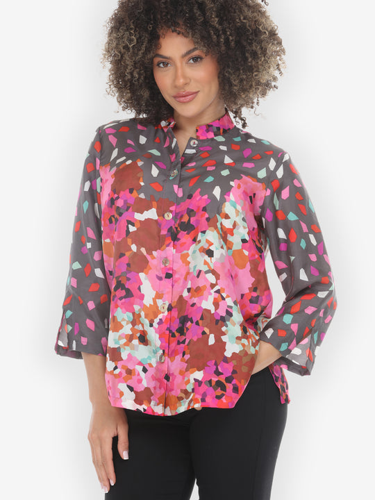 Abstract Floral Print Pink Silk Blouse