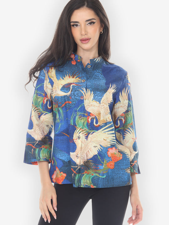 Blossom and Crane Cotton Blouse
