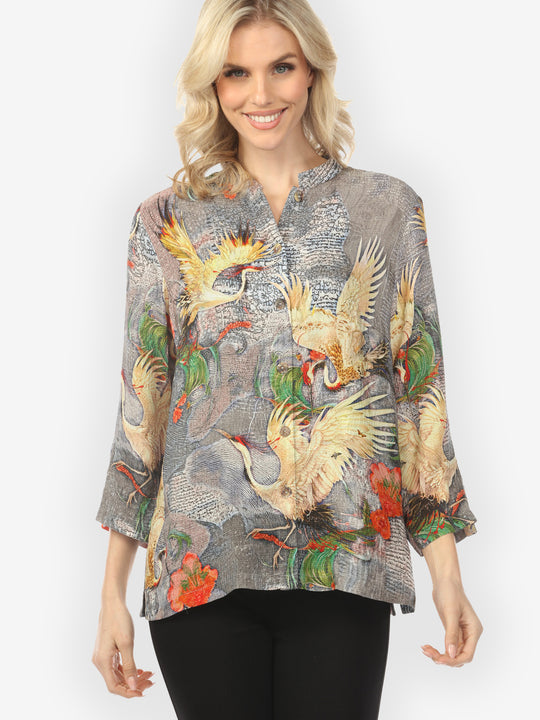 Blossom and Crane Gray Silk Blouse