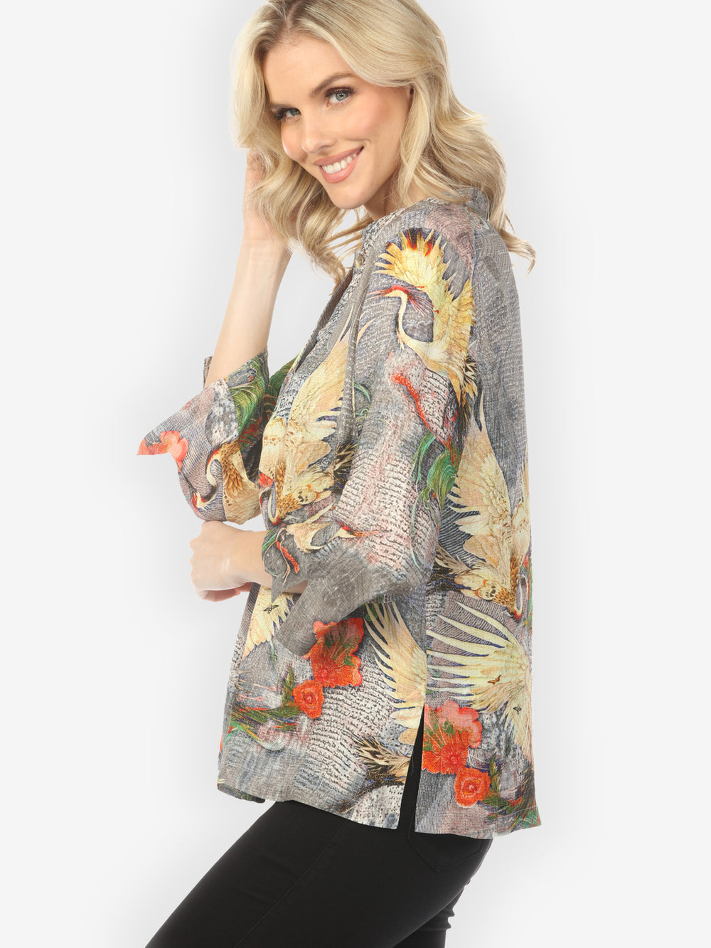 Blossom and Crane Gray Silk Blouse