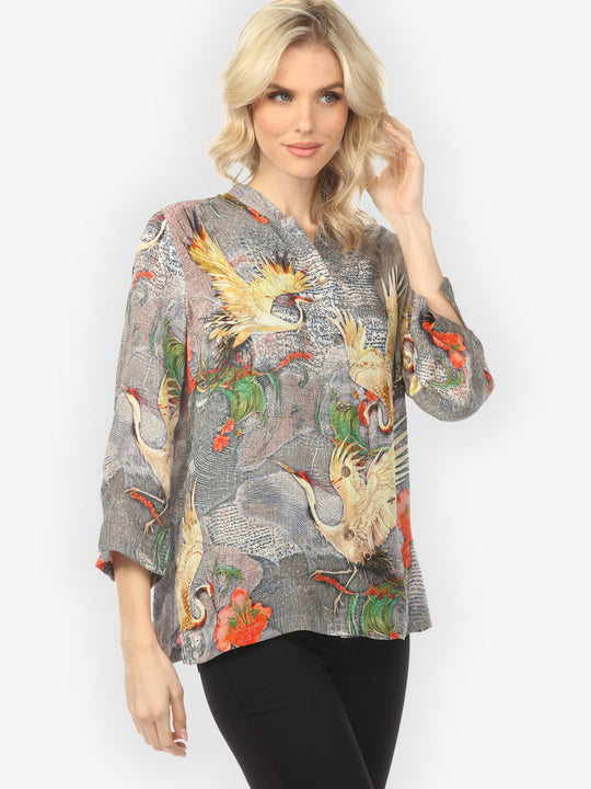 Blossom and Crane Gray Silk Blouse