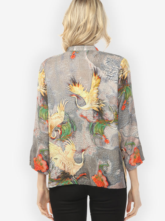 Blossom and Crane Gray Silk Blouse