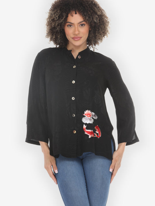 Black Embroidery Koi Goldfish Silk Shirt
