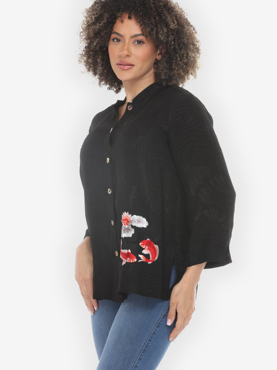 Black Embroidery Koi Goldfish Silk Shirt