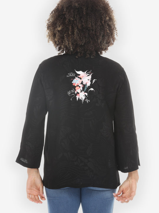 Black Embroidery Koi Goldfish Silk Shirt