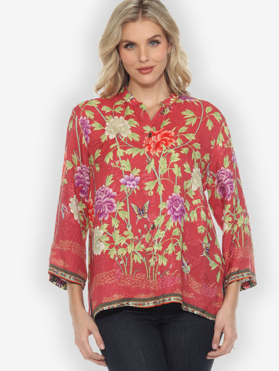 Border Floral Butterflies Silk Blouse