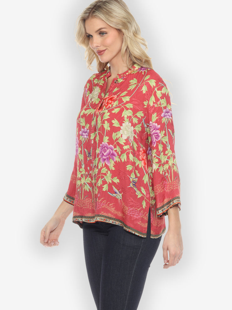 Border Floral Butterflies Silk Blouse