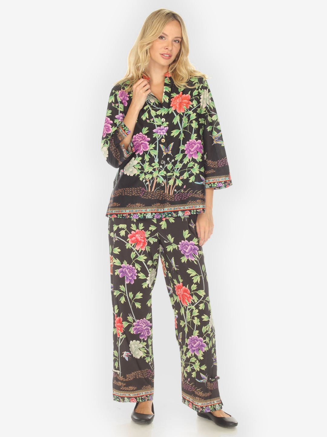 Border Floral Butterflies in Black Cotton Blouse