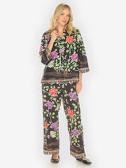 Border Floral Butterflies in Black Cotton Blouse