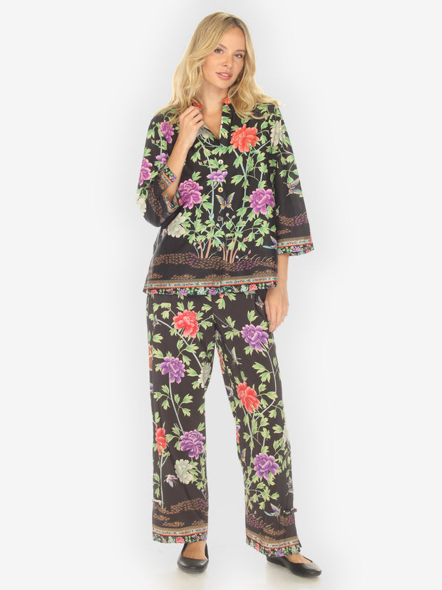 Border Floral Butterflies in Black Cotton Blouse