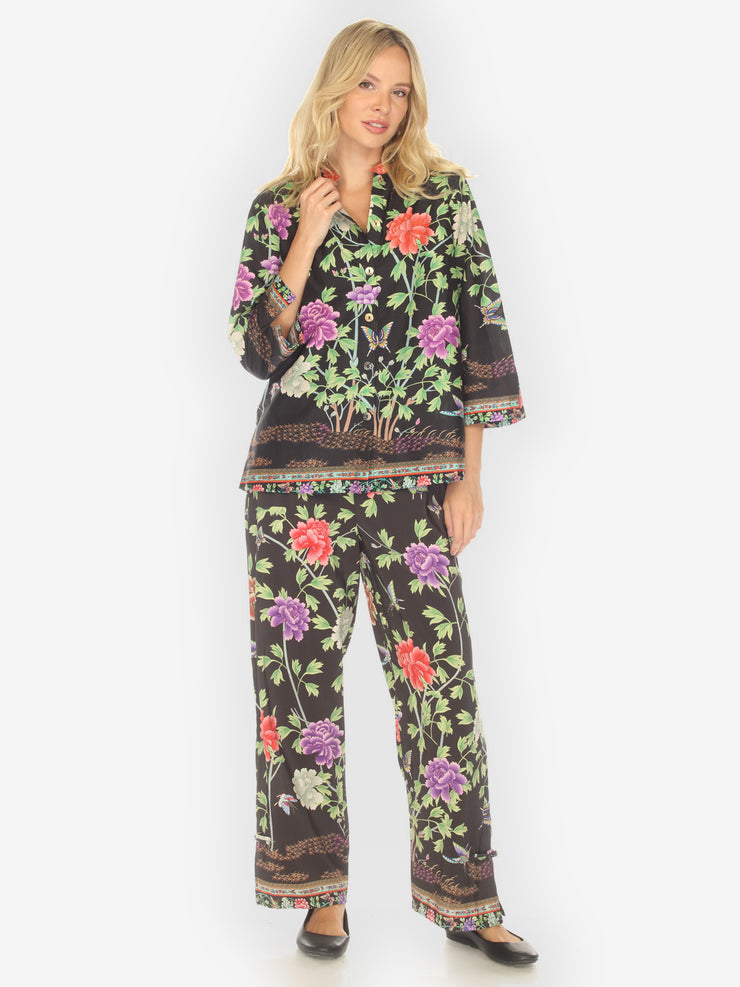 Border Floral Butterflies in Black Cotton Blouse