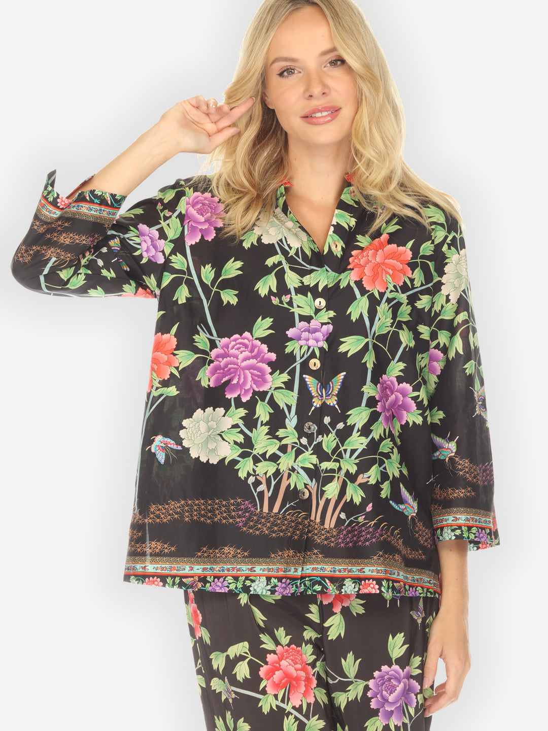 Border Floral Butterflies in Black Cotton Blouse