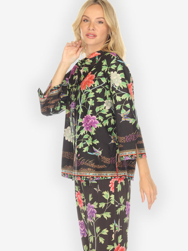 Border Floral Butterflies in Black Cotton Blouse