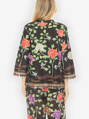 Border Floral Butterflies in Black Cotton Blouse