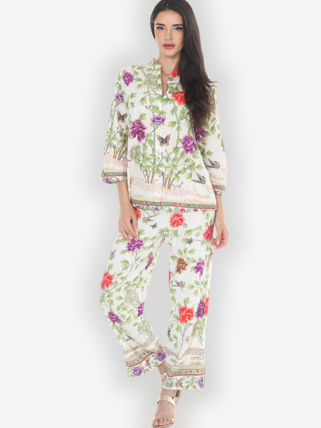 Border Floral Butterflies in White Cotton Blouse