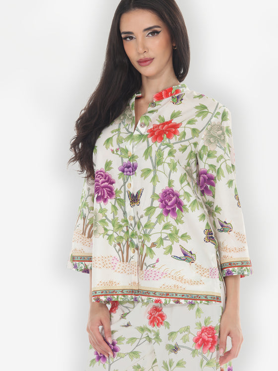 Border Floral Butterflies in White Cotton Blouse