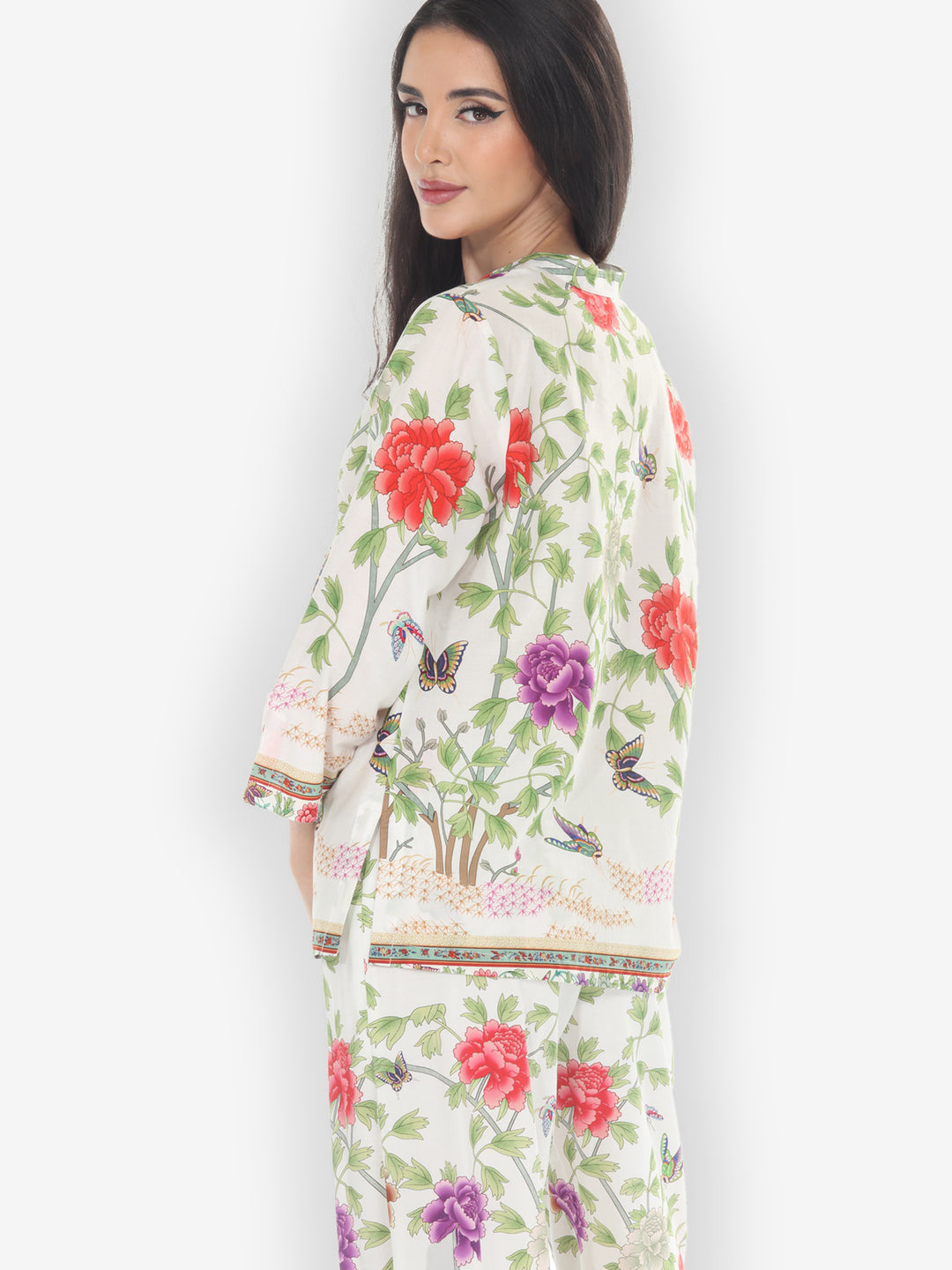 Border Floral Butterflies in White Cotton Blouse