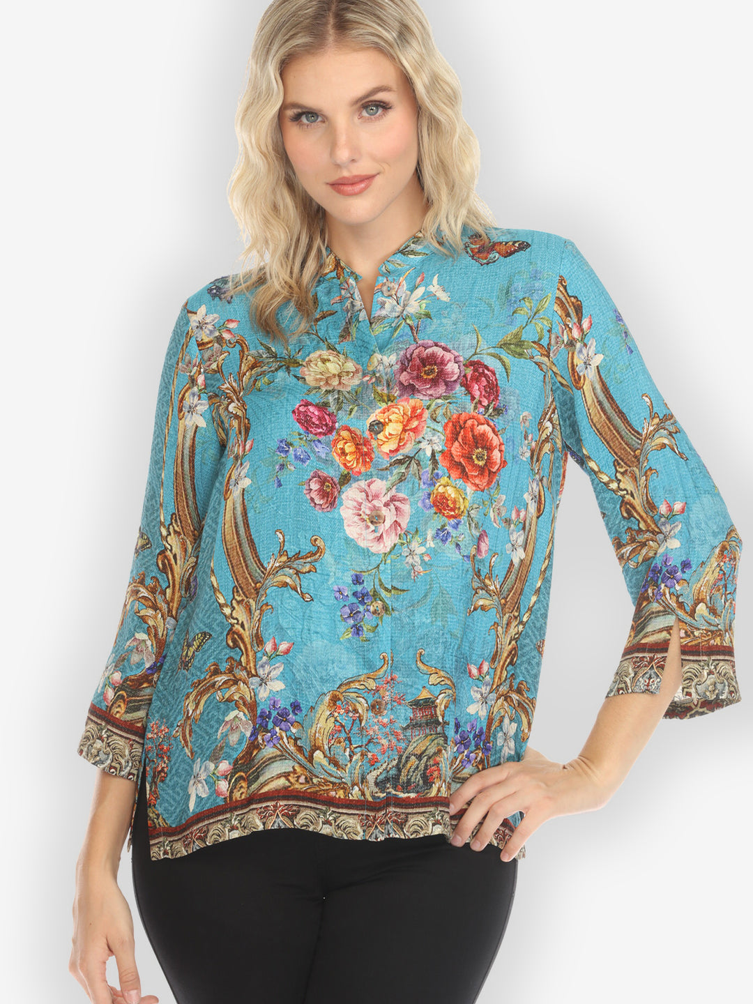 Baroque Garden in Blue Silk Blouse