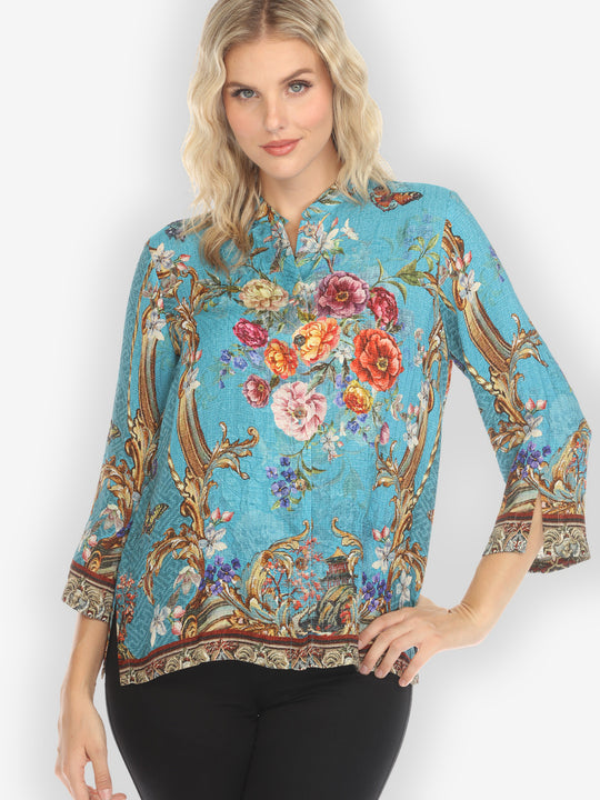 Baroque Garden in Blue Silk Blouse