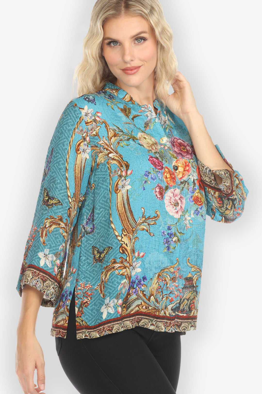 Baroque Garden in Blue Silk Blouse