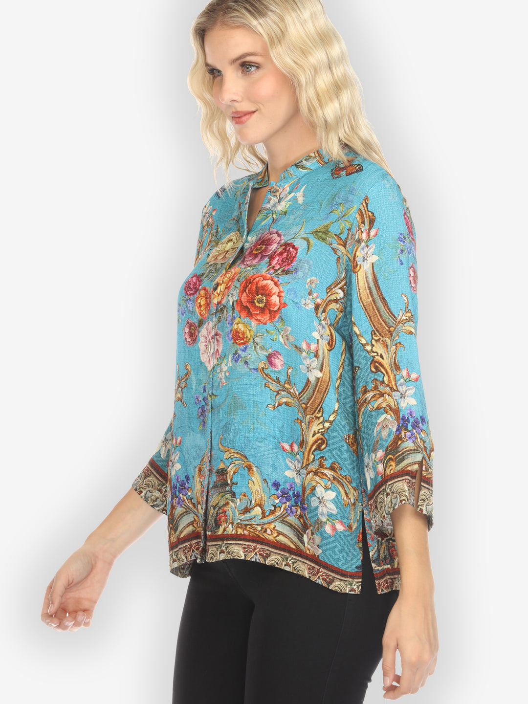 Baroque Garden in Blue Silk Blouse