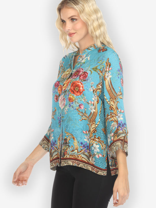 Baroque Garden in Blue Silk Blouse