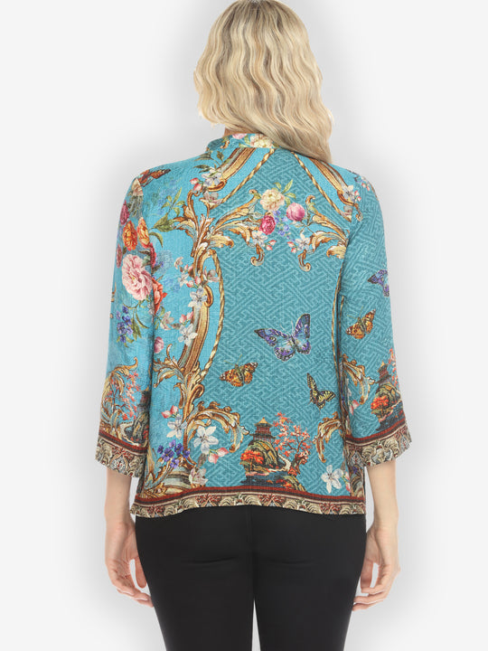 Baroque Garden in Blue Silk Blouse
