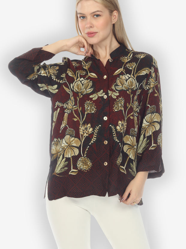 Big Lotus and Dragonfly Silk Blouse