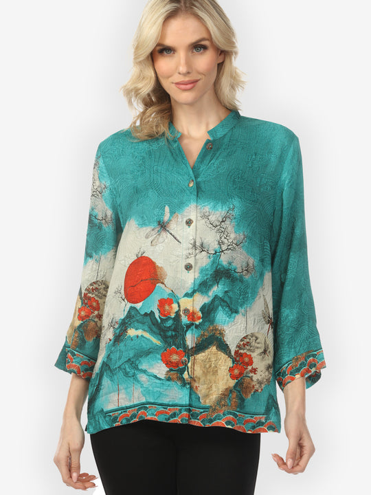 Blossom and Medallion Dragonfly Mountain in Turquoise Silk Blouse