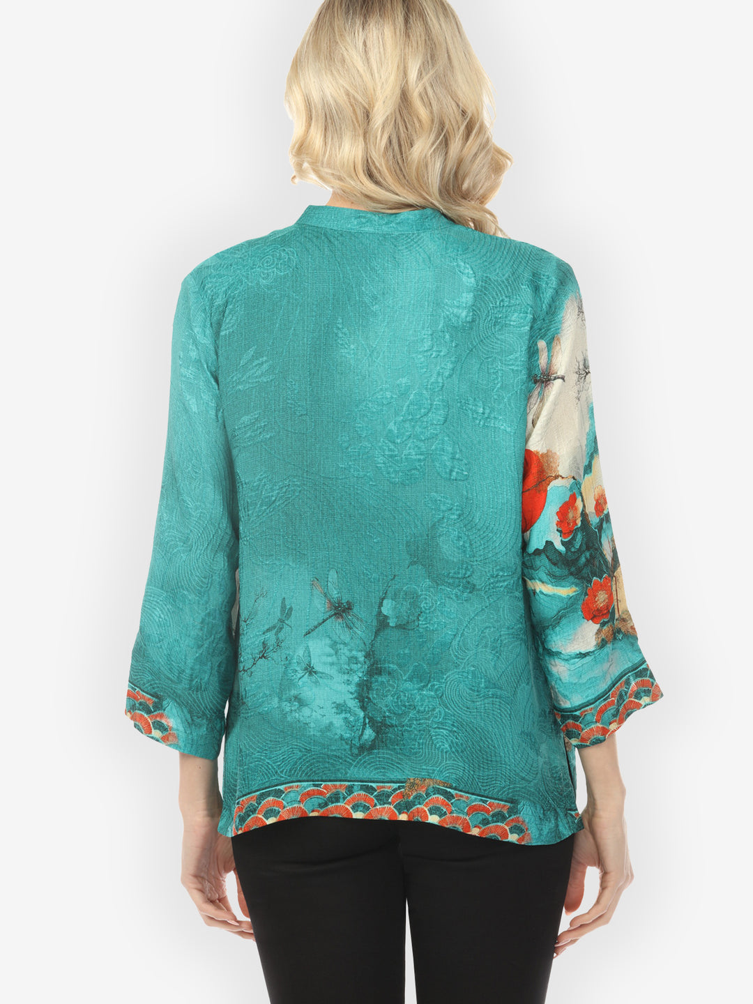 Blossom and Medallion Dragonfly Mountain in Turquoise Silk Blouse