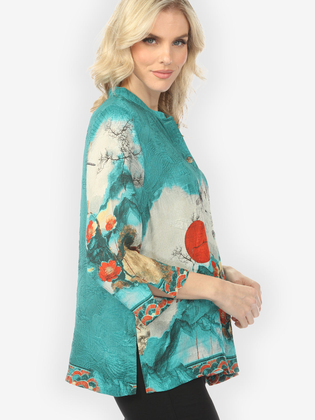 Blossom and Medallion Dragonfly Mountain in Turquoise Silk Blouse