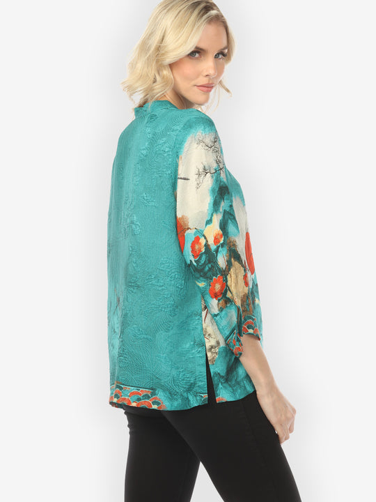 Blossom and Medallion Dragonfly Mountain in Turquoise Silk Blouse