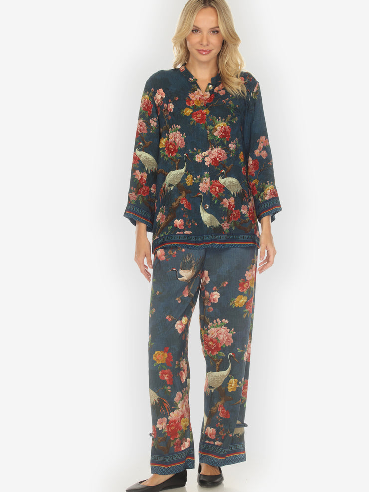 Crane and Cherry Bloom Silk Blouse