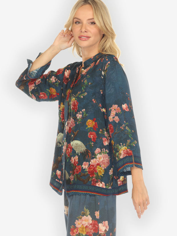 Crane and Cherry Bloom Silk Blouse
