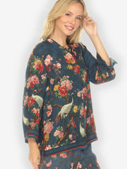 Crane and Cherry Bloom Silk Blouse