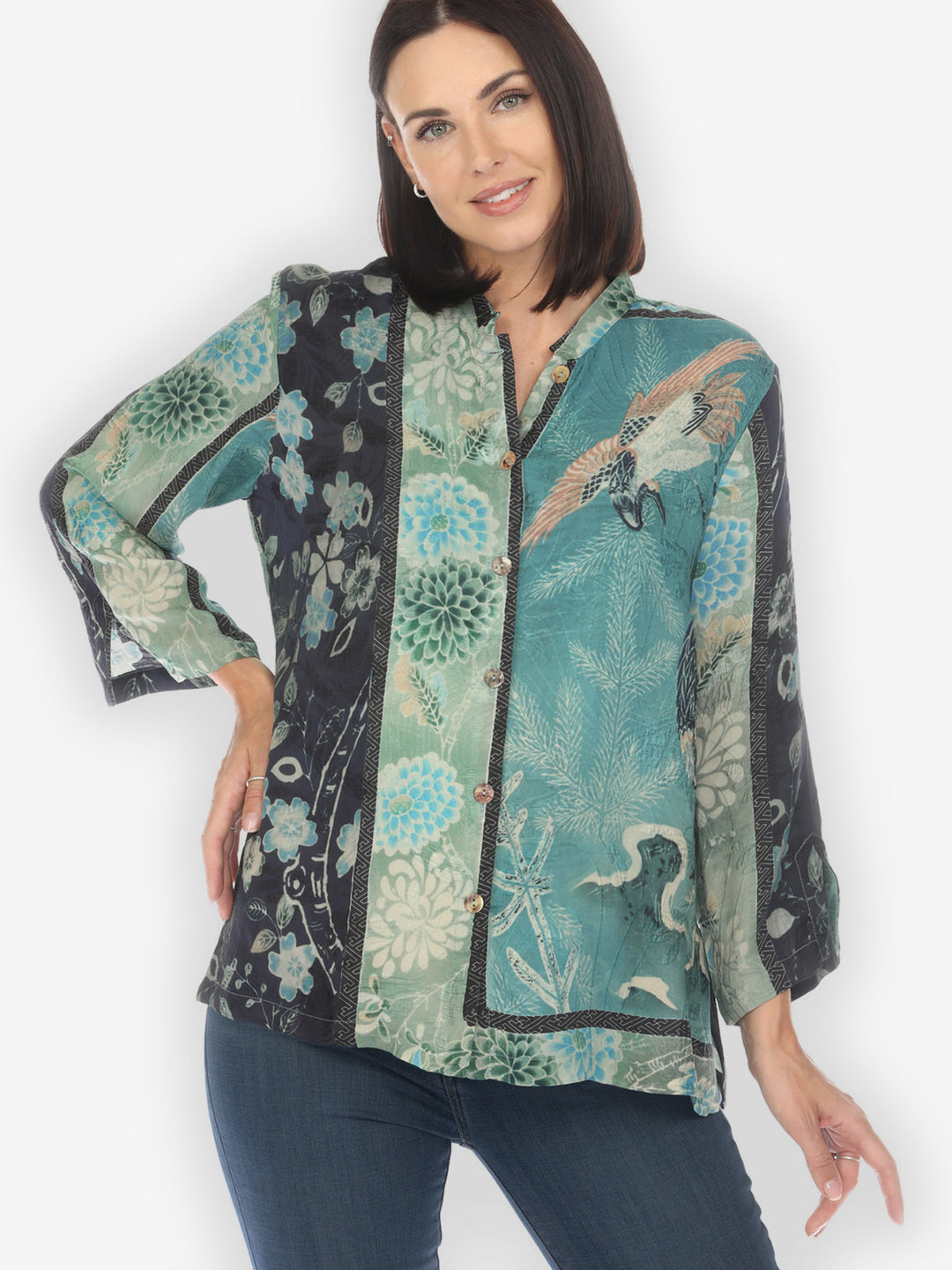 Crane Bamboo Floral Silk Blouse