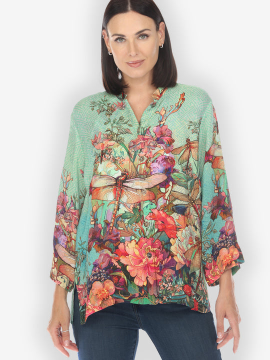 Colorful Dragonfly Floral Silk Blouse