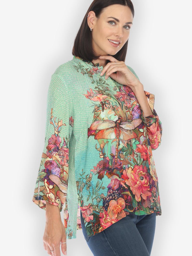 Colorful Dragonfly Floral Silk Blend Blouse